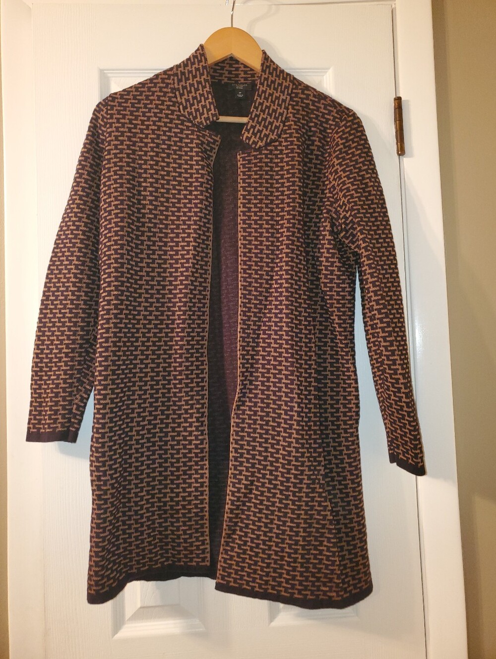 Ann Taylor Womens Medium Petite Brown & Black Patterned Long Sweater Coat Preown